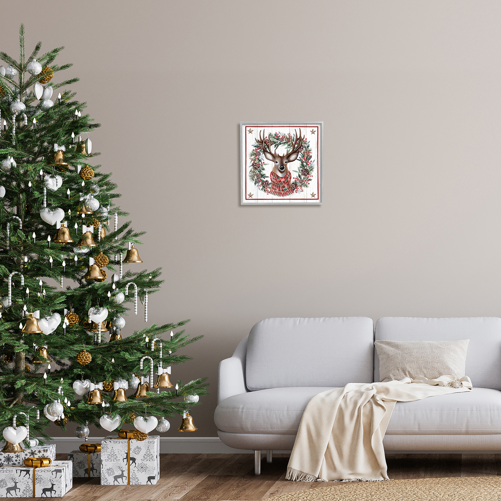Rustic Holly Pinecone Wreath Bordered Reindeer Scarf Animals & Insects Graphic Art Framed Art Print Wall Art