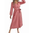 thumbnail image 2 of Women'S Polka Dot Wrap V Neck Belt Long Sleeve Pleated Maxi Dress Flowy Casual Long Dress Pink L, 2 of 9