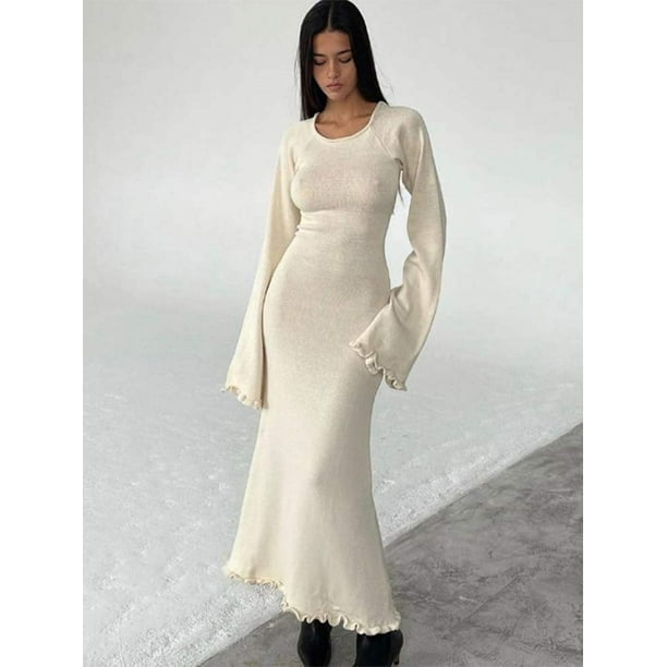 Maxivestido de punto con dobladillo y volantes para mujer, traje elegante acampanada de manga larga con cuello redondo y espalda descubierta, ropa ajustada de calle blanca