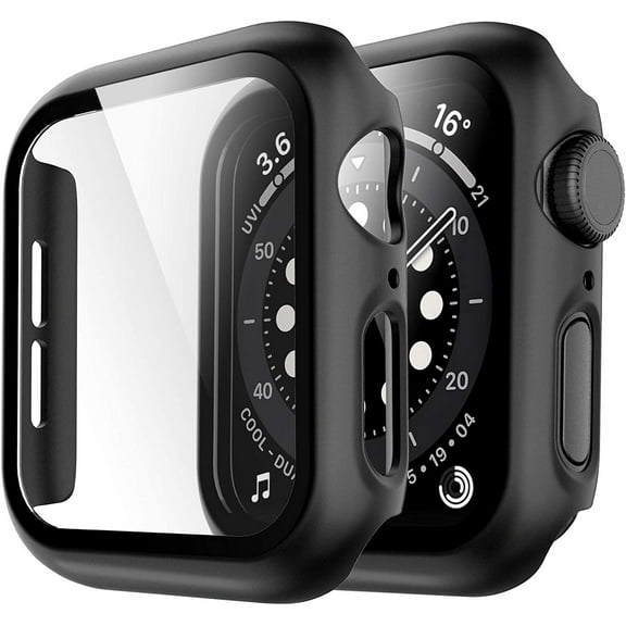 2 Pack Hard Case for Apple Watch 44mm Series 6, 5, 4, SE Built-in Tempered Glass Screen Protector, Ultra-Thin All Around Protective Glass Screen Cover for iWatch 44mm, Black