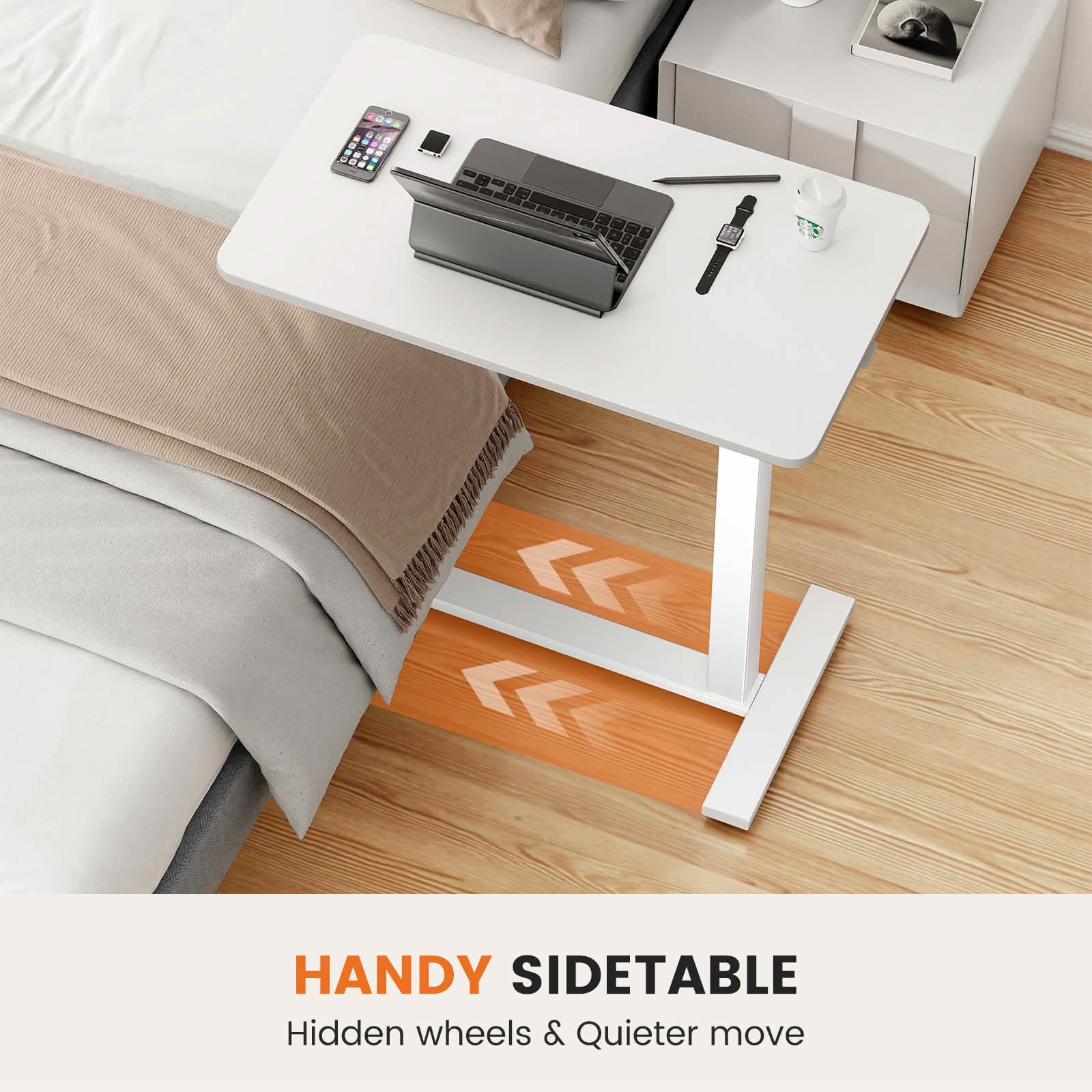 MAYEERTY Adjustable Mobile Bed Table, Computer Desk Standing Table, Home Office Use, White