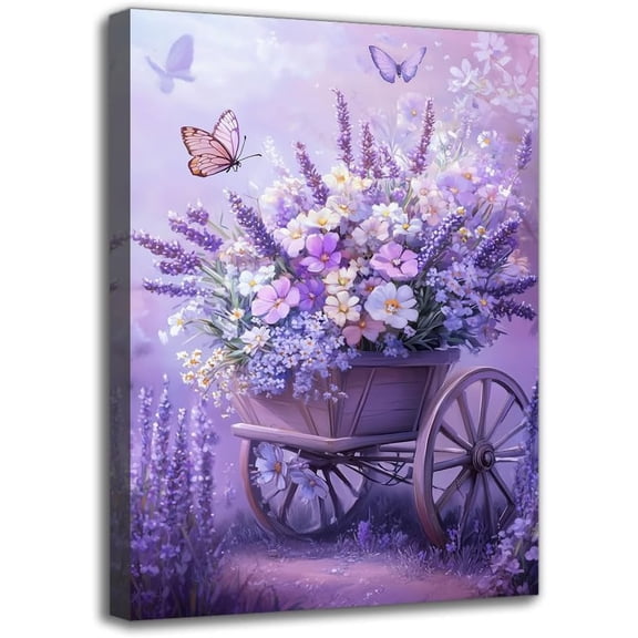Framed Canvas Wall Art Prints - Vibrant Purple Lavender Wildflower and Butterfly Pattern, Wall Decor for Living Room Bedroom Bathroom Patio Courtyard Ideal Spring/Summer Decor (8W X 12L)