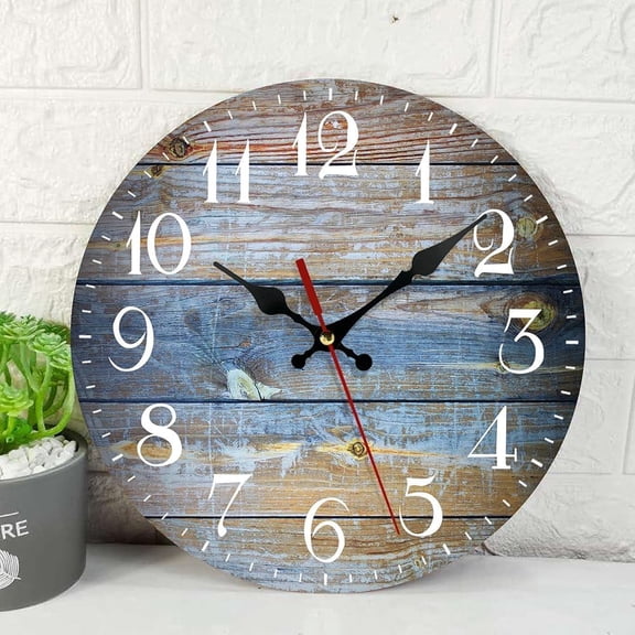 Turquoise Wooden Wall Clock Silent Non-Ticking, Green Blue Grey Teal Aqua Abstract Painting Gray Round Wall Clock Decor for Home Kitchen Living Room Office, Battery Operated 12 Inch