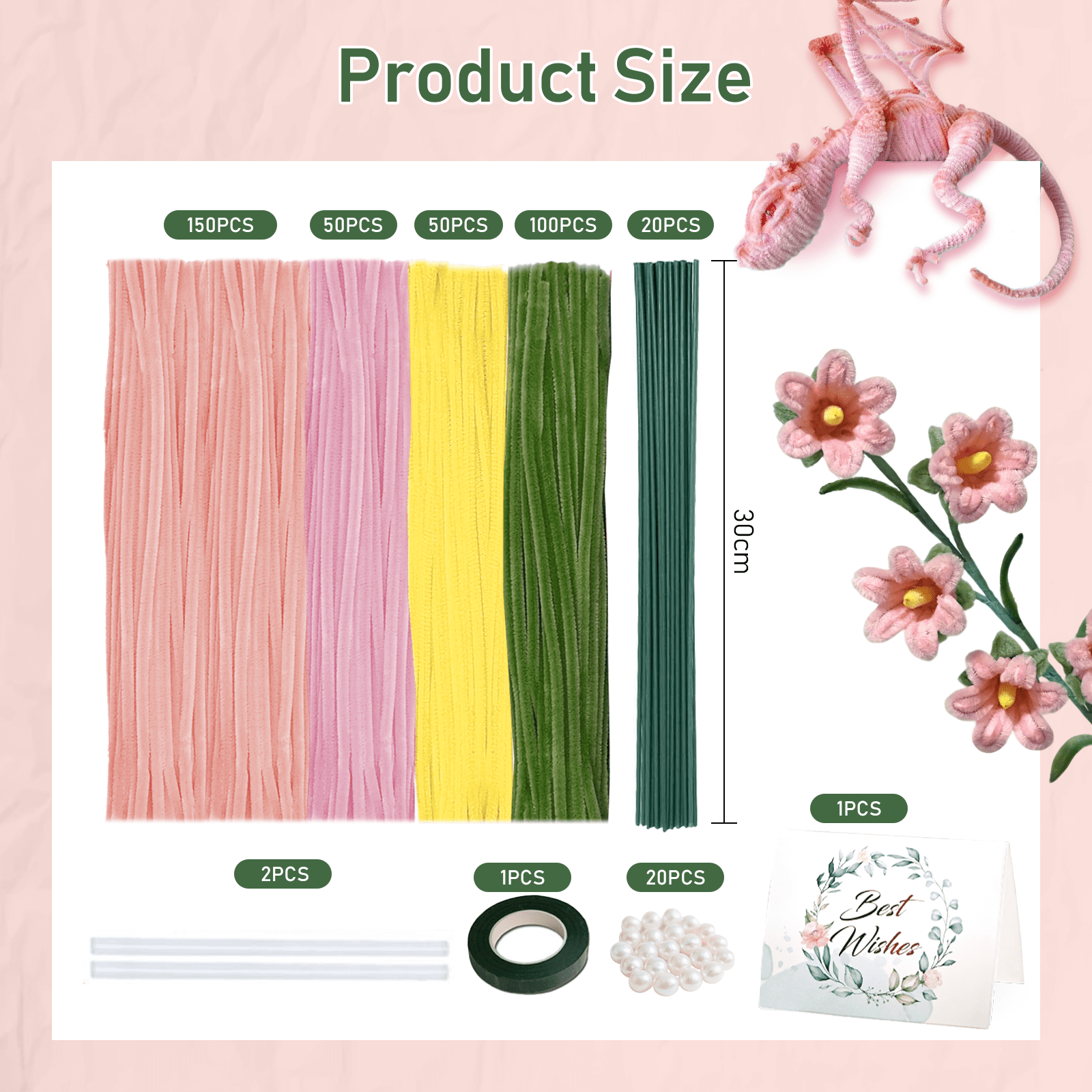 MQUPIN 350 piece pipe cleaner set, 4 colors, with decorative beads, flower bands, flower lines, and manual - DIY Lily of the Valley Rose Tulip Daisy (pink)