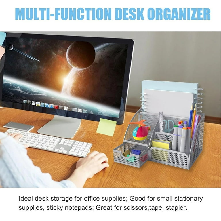 Multifunctional Desk Organizer Pen Holder - Efficient Space Saving, 7  Compartments, Plastic Office Organizer with Drawer Table Organizer - Pink
