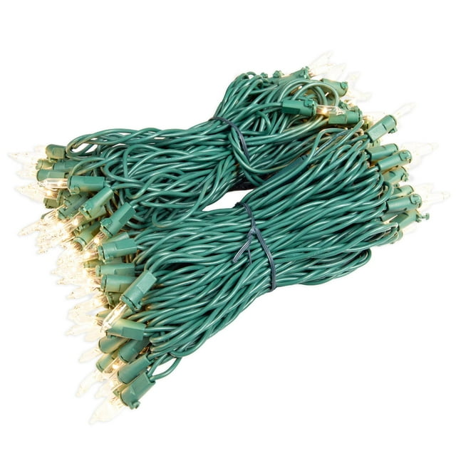 Novelty Lights RetroGlo® LED Mini Lights, 100 Clear Bulbs on Green Wire, 50ft with 6" Spacing, Incandescent Look with Modern Efficiency, 2700K Warm White Core, Interchangeable Bulbs
