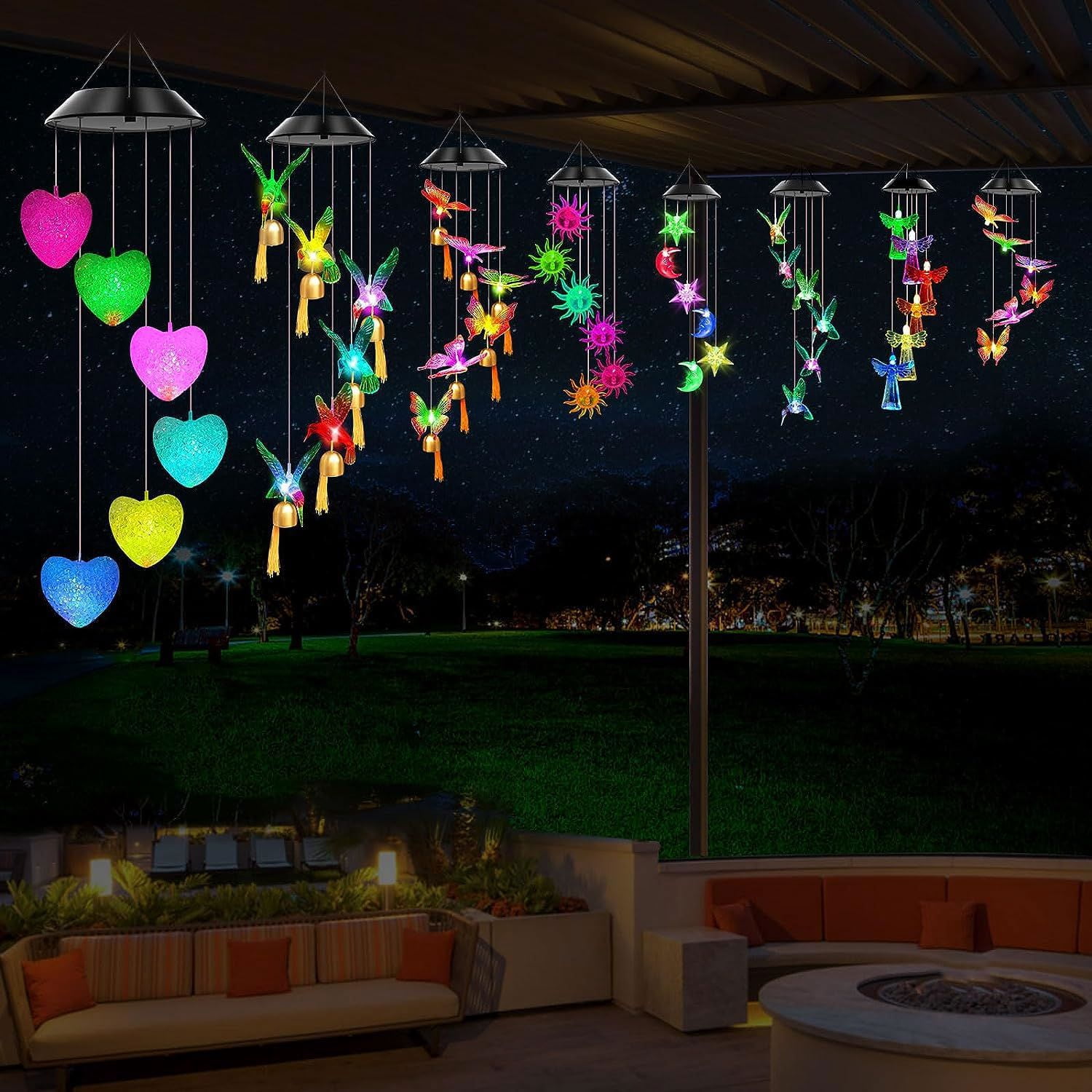 Cfowner Solar Heart Wind Chimes Outdoor, LED Solar Wind Chimes Color Changing Mobile Wind Chime Waterproof Solar Lights,Outdoor Valentines Decorations,Valentine Lights Outdoor