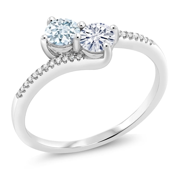 Gem Stone King 10K White Gold Forever United Two Stone Sky Blue Aquamarine and White Moissanite and Diamond Engagement Ring for Women (0.65 Cttw, Round) (Size 5)
