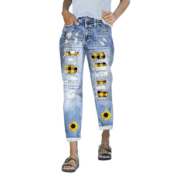 Bmisegm Women's Autumn and Winter Christmas Jeans Printed Hole Thickened Trousers Y2K Jeans for Women BK3 XL