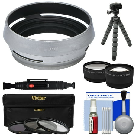 Fuji Sic Rings - Precision Design AR-X100 Adapter Ring & Hood for Fuji X100 / X100S / X100T / X100F Camera (49mm) + 3 UV/CPL/ND8 Filters + Tele/Wide Lens + Tripod Kit