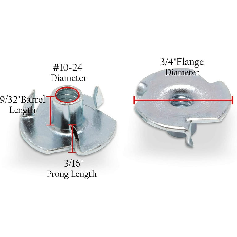 Stainless Steel 10-32x9/32 Tee Nuts - 3-Prong T-Nuts (18-8 SS), Pack Of 25