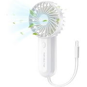 Mini Handheld Fan, Dual-Bladed Fan, Powerful Wind, Small Personal Portable Fan with USB Rechargeable Battery Operated, 3 Speed Adjustable, Lanyard Handheld Fan for Outdoor, Indoor, White