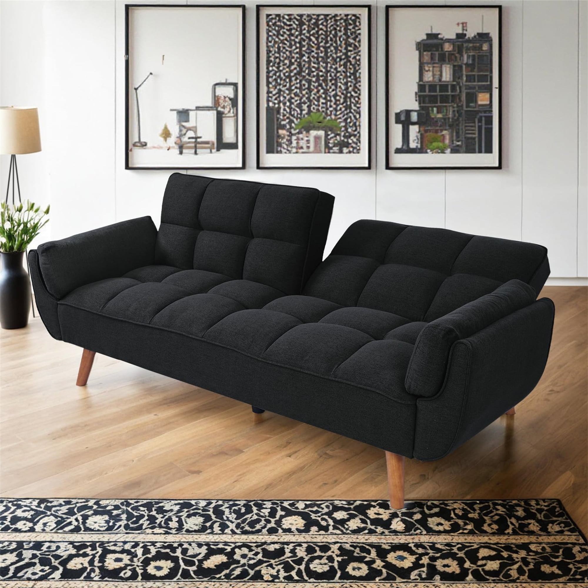Aukfa 75" Flared Arm Futon Convertible Sofa Bed, Linen Sleeper Couch for Home Office, Black