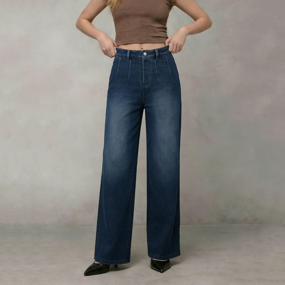 PYGNJK Women's Wide Leg Jeans Mid Rise Tummy Control Stretchy Baggy Denim Pants Basic Comfy Trousers