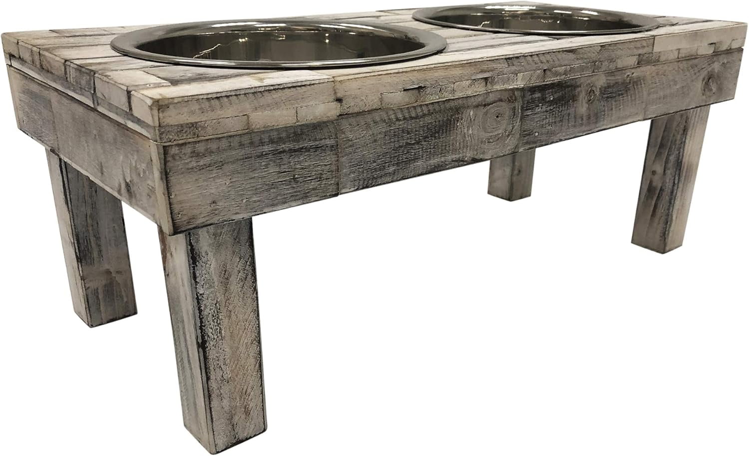 Huntley Pet Berjen Table Elevated Double Bowl Feeder, White Wash (Large)