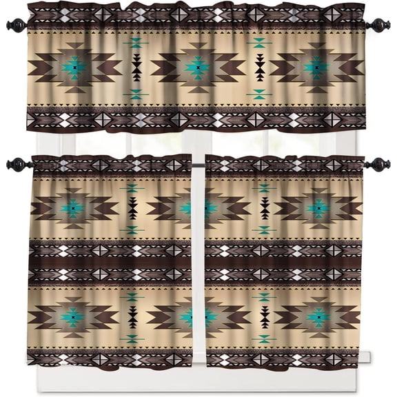 Aztec Kitchen Curtains Sets, Southwestern Native Tribal Valances for Window,Boho Geometric Printed Short Curtains for Small Windows Cafe Living Room Bedroom, 54x24 Inch, 3 Piece