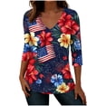 thumbnail image 2 of Xdegoge 4th Of July Tops for Women Patriotic Shirts USA American Flag Tropical Floral Print V Neck Three Quarter Sleeve Casual Loose Fit Summer Holiday Graphic Tees, 2 of 7