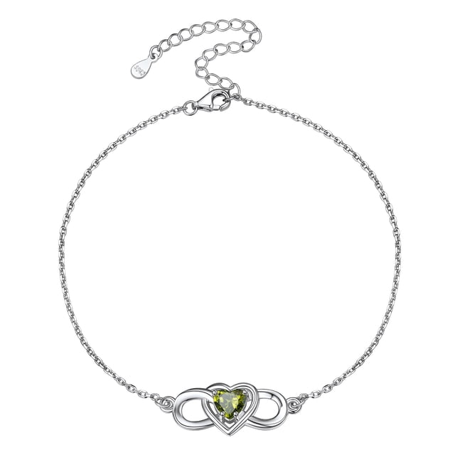 Pulsera de tobillo de plata esterlina Silvora con piedra de nacimiento de corazón de agosto