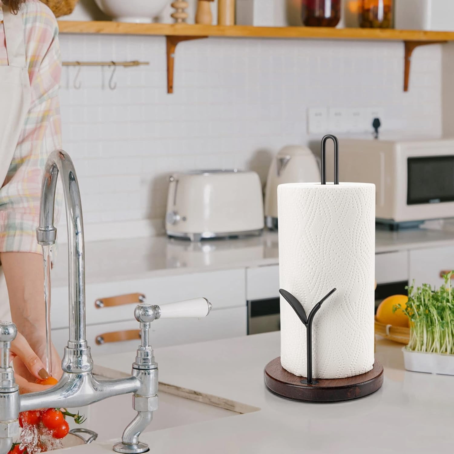 Paper Towel Holder Countertop, Wood Paper Towel Holder Stand, Easy One-Handed Tear Rustic Paper Roll Holder for Kitchen Dining Table Home Decor, High Model Easy to Install