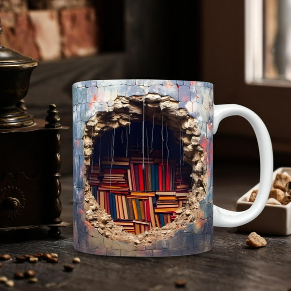 Suncoda Mug, 3 D Creatives Space Bookshelf Ceramic Mugs Study with Coffee Mugs for Book Lovers Gift