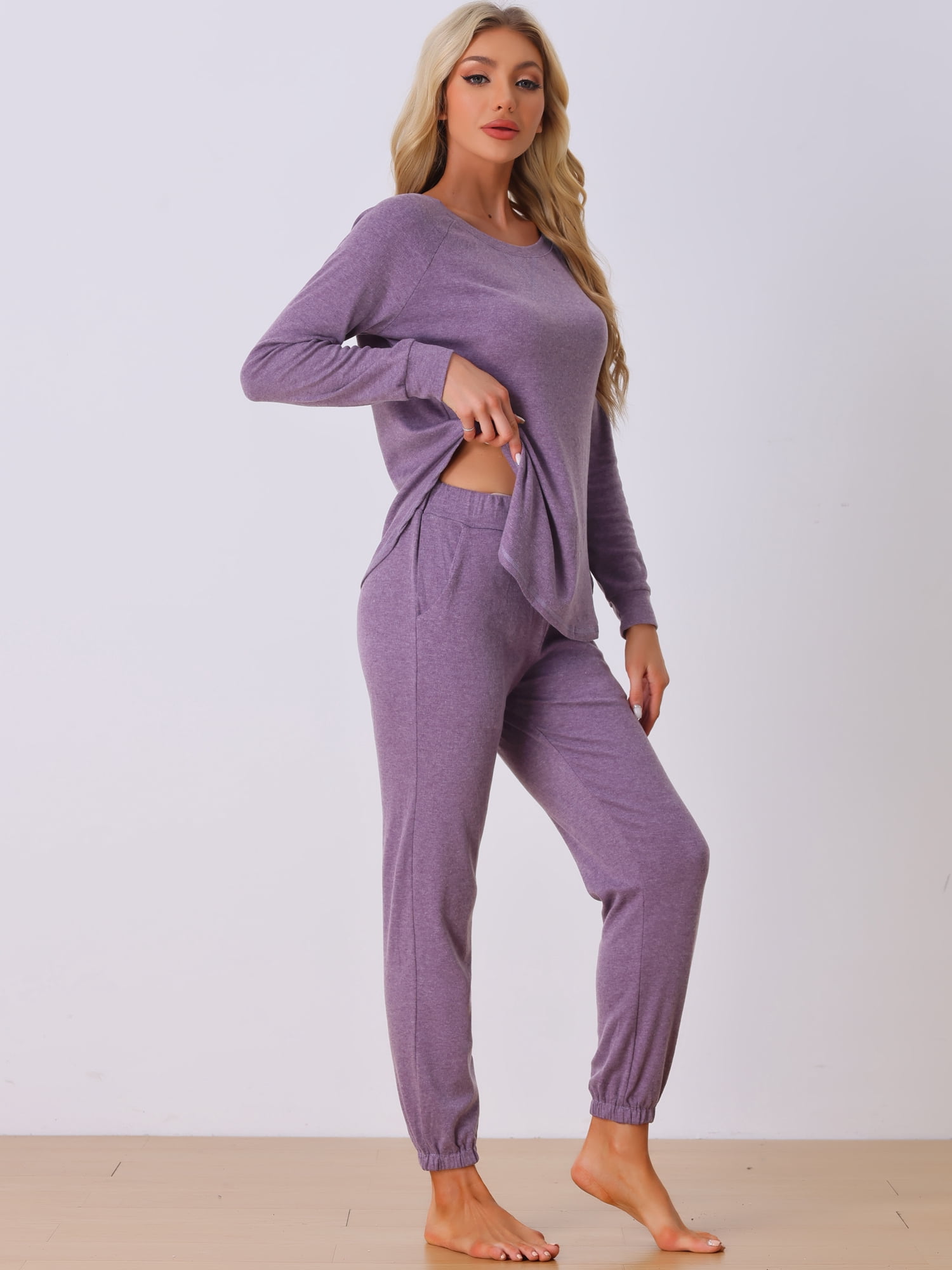DARING DIVA Women's Travel Outfit Knit Long Sleeve Loungewear Set M Purple