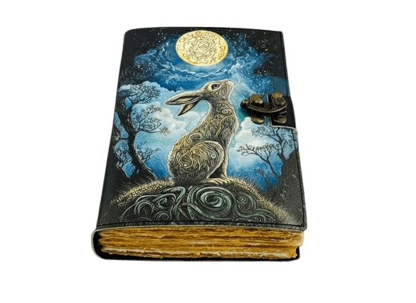 Moon Gazing Handmade Leather Journal with Moonlit Rabbit Artwork – 5x7 Inch Vintage Deckle Paper Notebook, 200 Pages