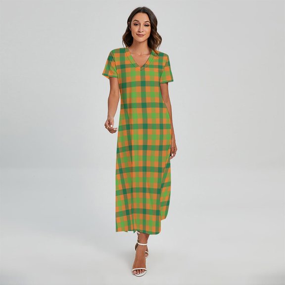 Shamrock Plaid Saint Patrick'S Day Printed Short Sleeve Maxi Dress, Irish St. Patrick'S Day Fashion Summer Maxi Dress For Women