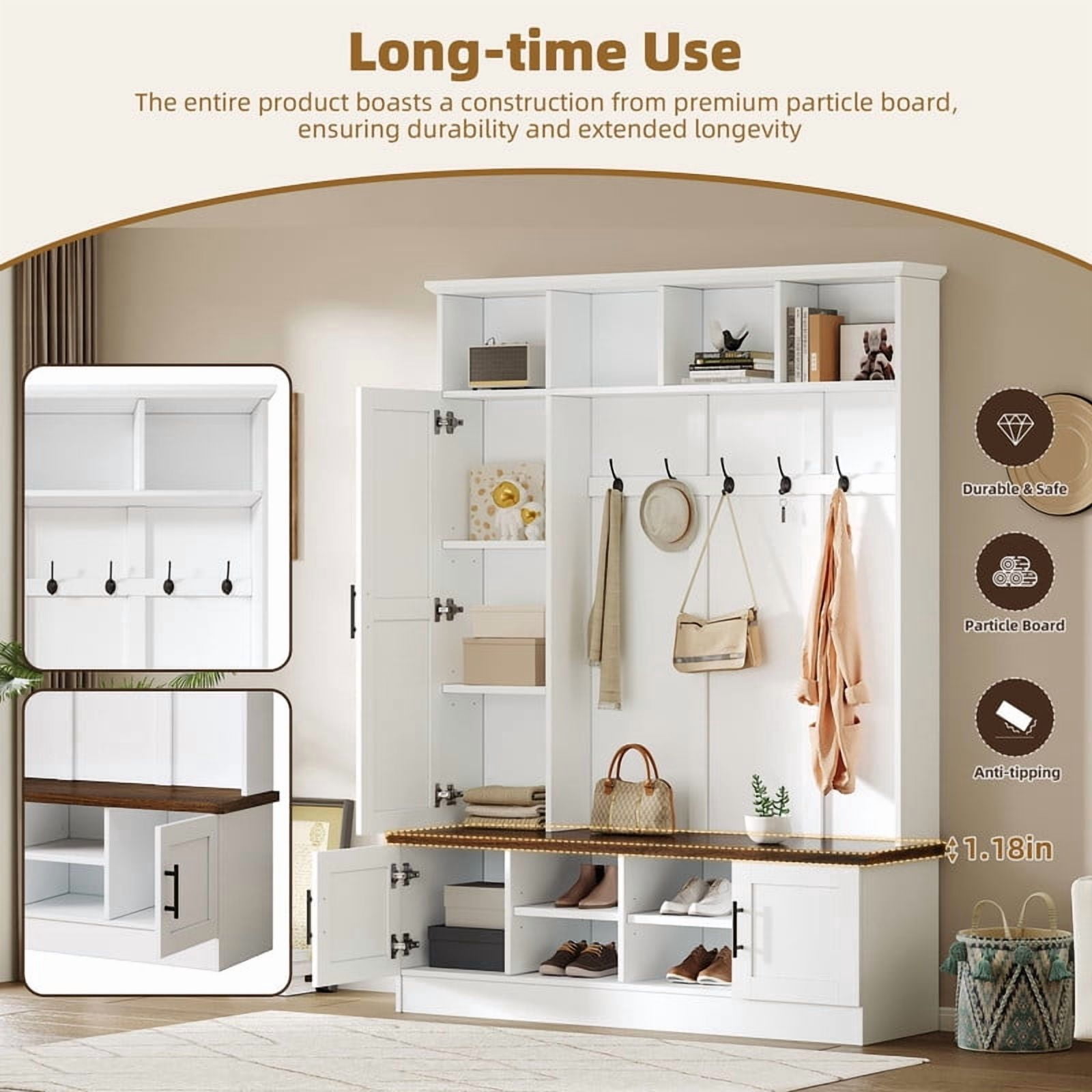 Farmhouse 3-in-1 Hall Tree with 6 Hooks, Entryway Coat Rack with Adjustable Shelves, Versatile Shoe Storage Bench with Open Cubbies