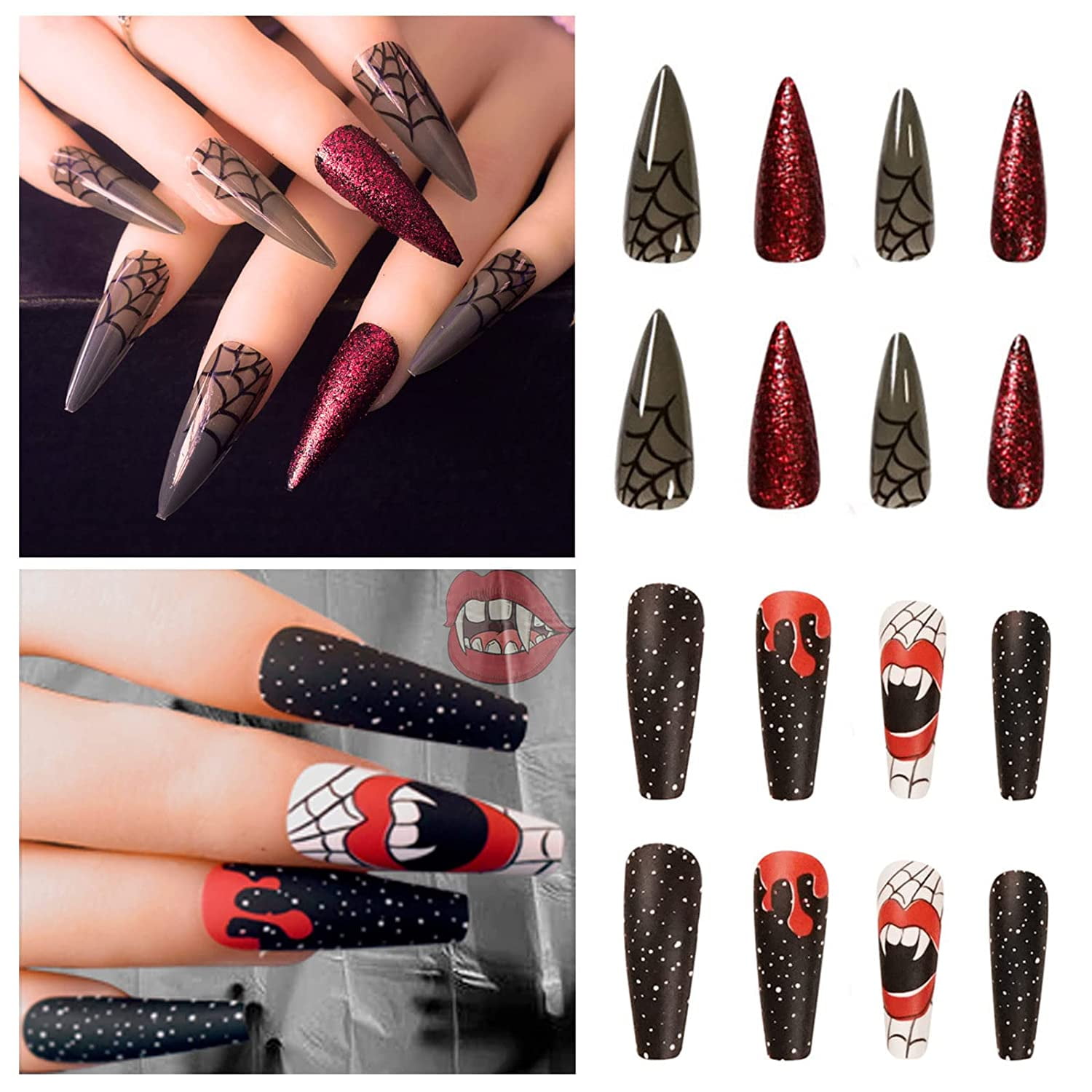 Black Red Press on Nails Long Halloween Coffin Nails for Women,Spider Web  Design Stiletto Press Ons 48Pcs Fake Nails with Nail Glue Tabs,Ballerina  Full Cover False Nails Acrylic Artificial Nails 