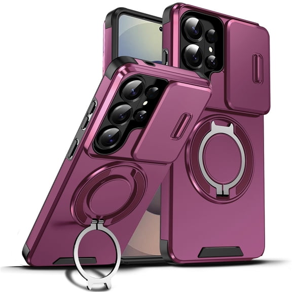for Samsung Galaxy S26 Ultra Case, Military Grade Shockproof Bumper Rugged Rotating Stand Ring Holder Anti-Scratch Magnetic Cover Compatible with Car Mount Case,Cherry red,For Galaxy S26 Ultra 5G