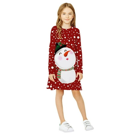 

Ozmmyan Christmas Toddler Clothes Christmas Kids Girls Long Sleeve Cartoon Print Princess fashion Party Dress on Clearance