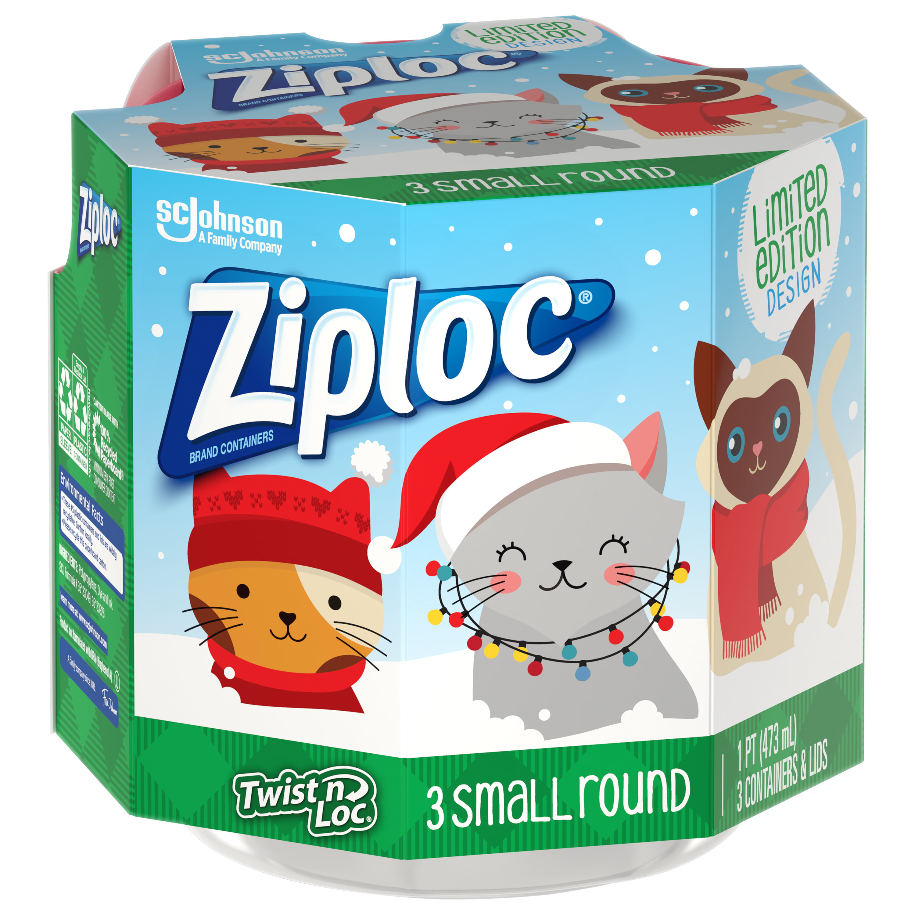 Ziploc Limited Edition Holiday Design Small Round Containers & Lids - 3  Pack, 1 pt - Ralphs