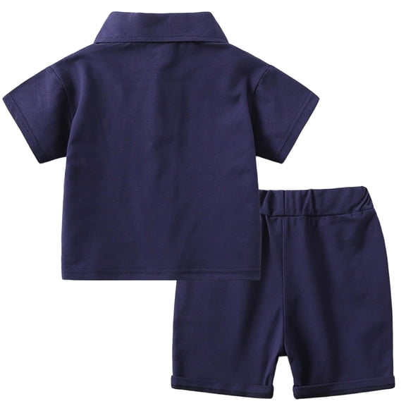 FINALGANG Toddler Boys Girls Solid Color Letter Print Polo Shirt Set Short Sleeve Button Down Casual Top Loose Fit Shorts Two Piece Outfit For Summer Daily Wear Trendy Outfit