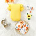 thumbnail image 4 of Baby Girls Sets Summer Short Sleeve Letter Flower Prints Romper + Shorts + Headbands 3Pcs Outfits Clothes Set For 9-12 Months, 4 of 5