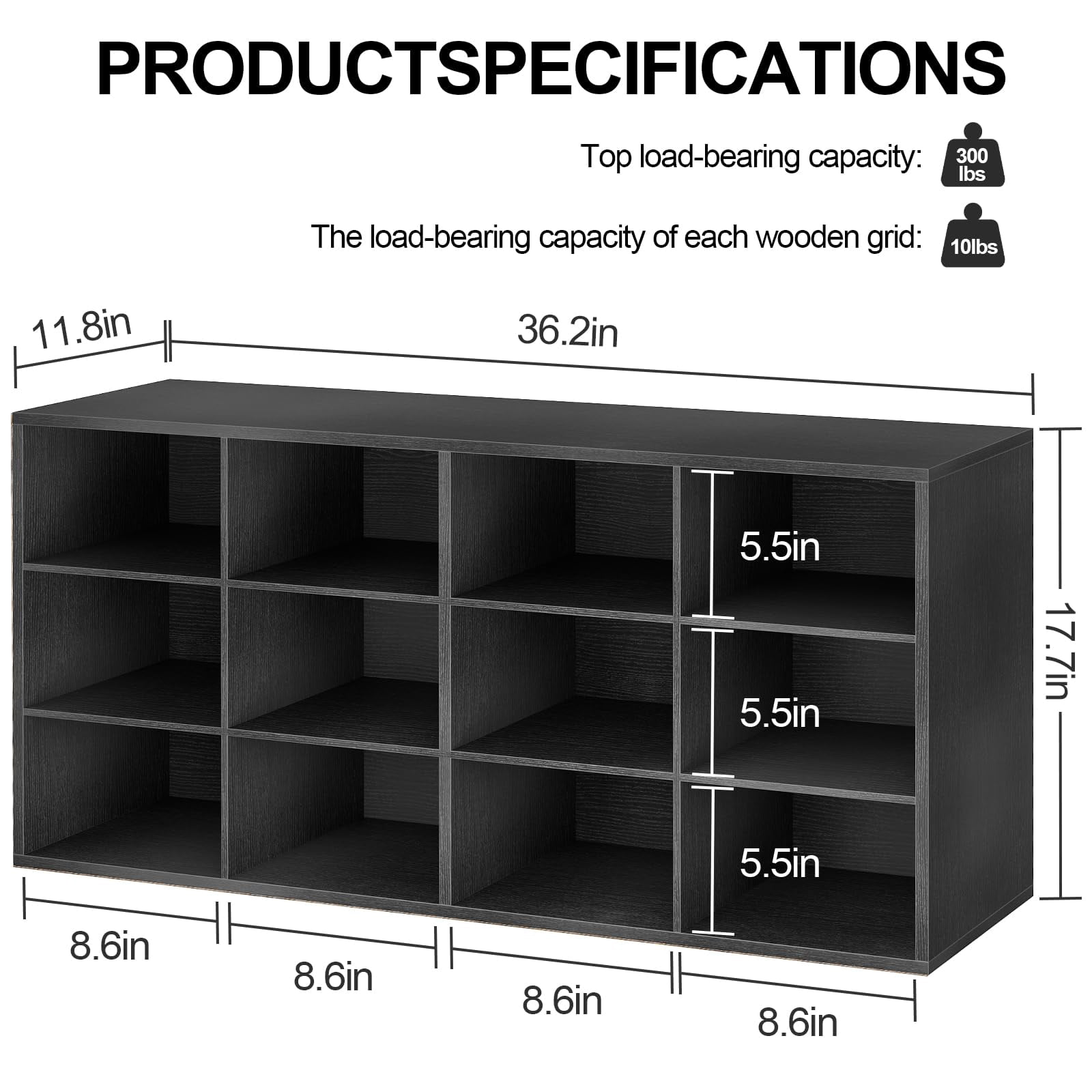 Shoe Storage Bench, Cubby Shoe Rack with 12 Cubbies, 3-Tier Wood Shoe Rack Organizer, Shoe Organizer Cabinet for Entryway, Hallway, Closet and Garage, Black