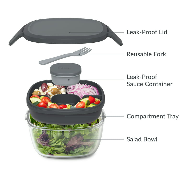 Bento Box Salad Lunch Containers with 52-oz Large Salad Bowl,3 Compartment  Bento-Style Tray and 3-oz Sauce Container for Dressings,Built-In Reusable