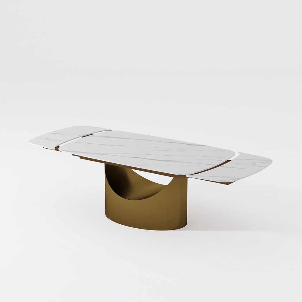 POVISON 71"-95"Extendable Hobart Modern Dining Table for 6-10, White Rectangular Glossy Sintered Stone Tabletop for Dining Room, Bronze Carbon Steel Leg