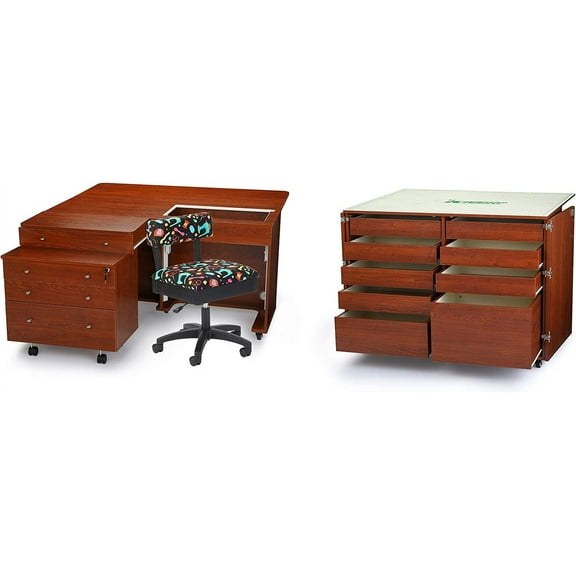 Arrow Studio Sets Storage Sewing Table with Quilt Leaf and Hydraulic Lift, Teak