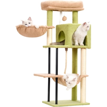 Cactus Cat Tree for Indoor Cats with Steel Legs(Sturdy and Robust), Cat Tower with Platform/Basket/Hammock, 2 Door Cat Condo, Hanging Sisal Rope, Scratching Post, Green and Yellow