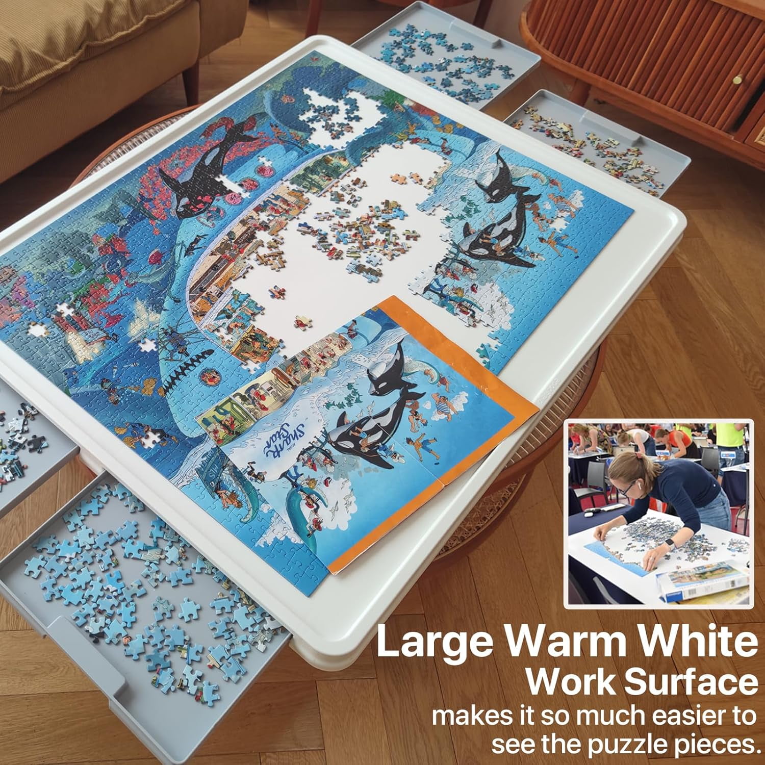 1500 Pieces Rotating Plastic Puzzle Board with Gray Drawers and Cover, 35"x27" Portable Spinning Jigsaw Puzzle Table for Adults, Upgraded Lazy Susan, Ideal Gift for Mum