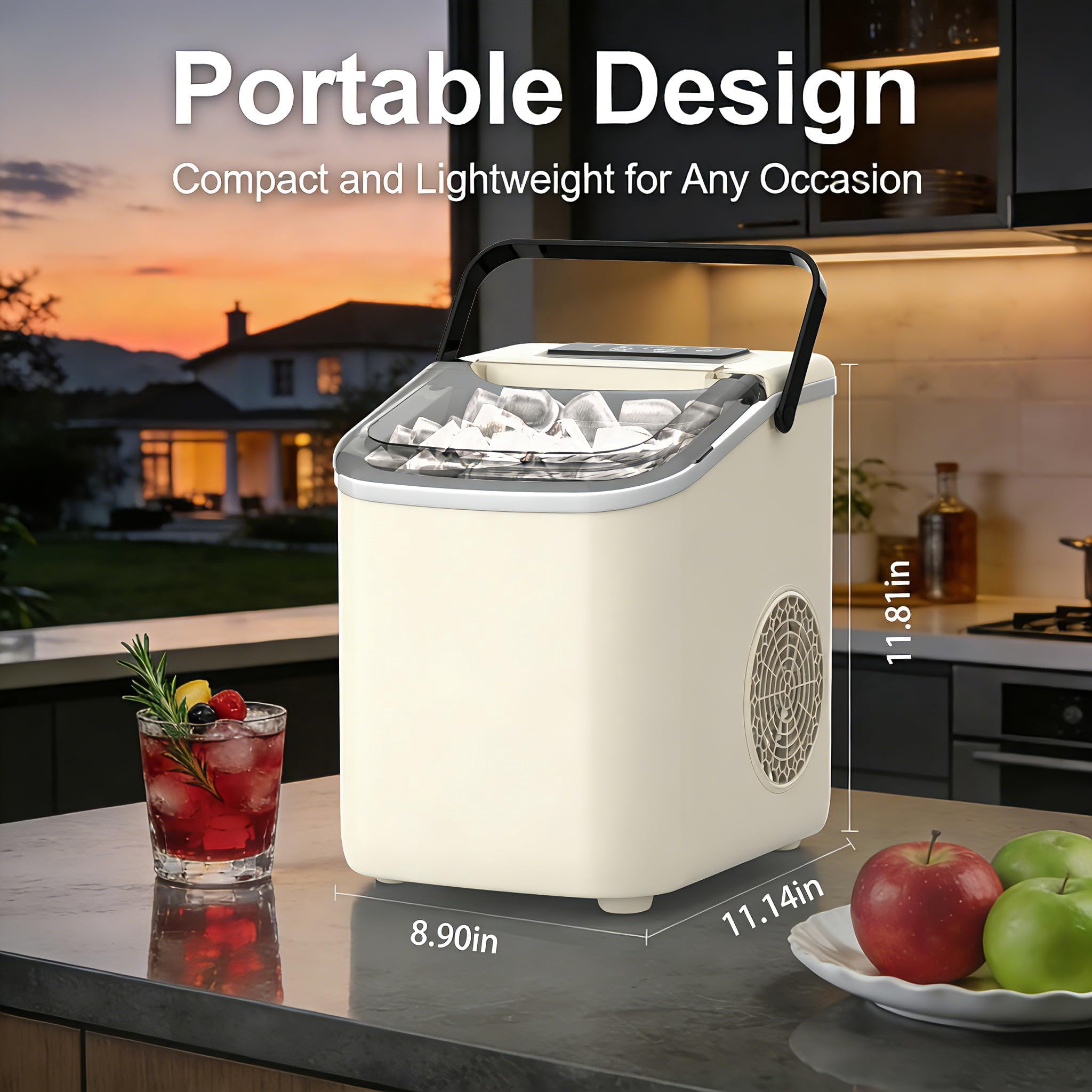 Countertop Ice Maker with Handle, Small Portable Self-Cleaning Ice Machine with Basket and Scoop， 26lbs/24H, 9 Ice Cubes in 6 Mins, for Home, Kitchen, Parties, Camping
