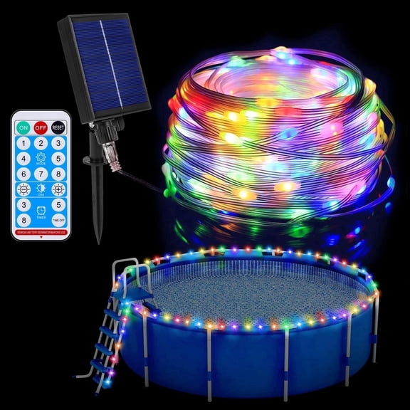 46ft Solar Pool Lights for Above Ground Pools, 120 LEDs Remote IP65 Waterproof Rope String Lights, 8 Color Modes, Swimming Frame Pool Decor Accessories for Outdoor Outside Trampoline Camping