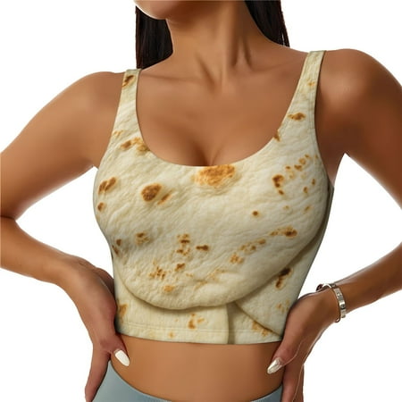 Qokaie Taco Tortillas Pattern Womens Scoop Neck Sports Bra Breathable Workout Vest Padded U Back Medium Impact Fitness Gym Yoga Bra Workout Crop Top-Medium