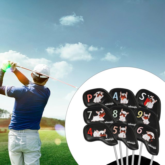 9 fundas para cabezas de hierro de golf de PU, accesorios creativos para golf, protección para principiantes Negro