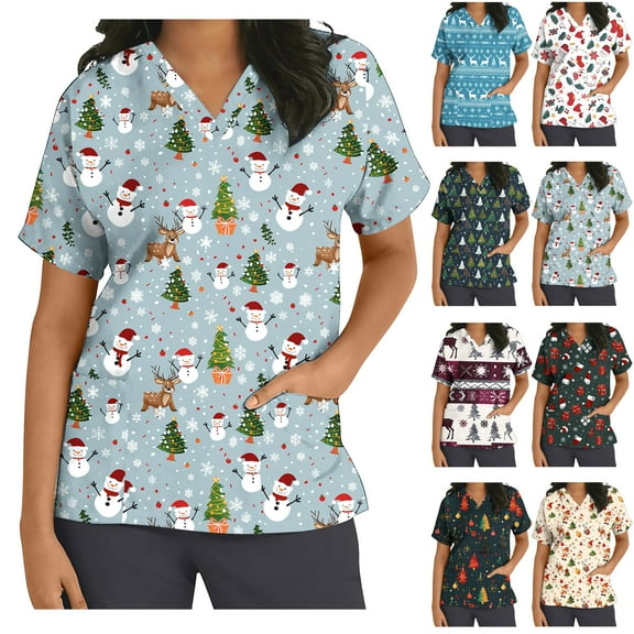 Feancey Womens Christmas Nursing Uniforms Short Sleeve V Neck Medical Scrub Tops Novelty Xmas Tree Print Scrubs Shirts Comfy Loose Cute Tees with Pockets Multicolor XXL