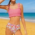 thumbnail image 2 of Fesfesfes Teen Girls Summer Swimsuits Casual Cute Floral Print Double Ruffle Swimwear Short Sleeve Beach Swimsuits Split Two-Piece Bikini Sets, 2 of 7