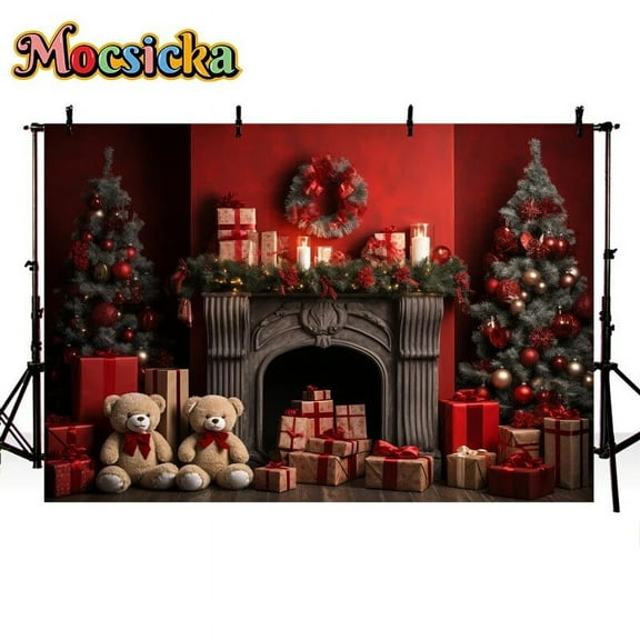 Indoor Fireplace Christmas Tree Red Wall Decoration Kids Portrait Family Photo Background Xmas Party Studio Photography Backdrop