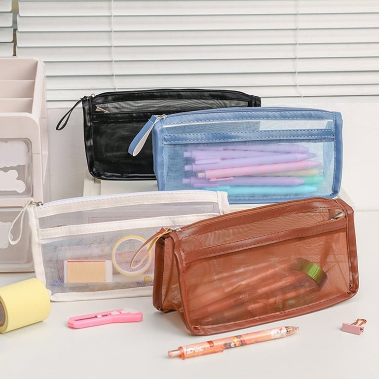 Pencil Bag Transparent Large Capacity Mesh Double Layer Stationery Case  School Supplies White Mesh