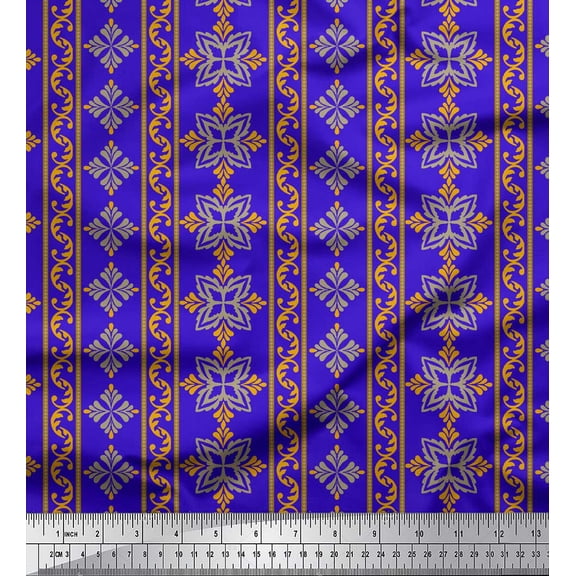 Soimoi Blue Cotton Voile Fabric Floral & Stripe Printed Fabric 1 Yard 42 Inch Wide