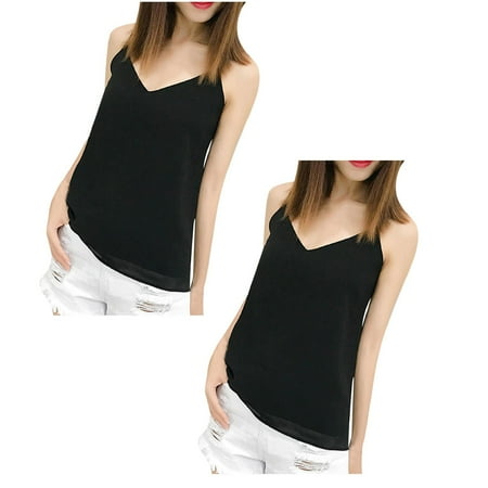 

Betiyuaoe 2PCS Womens Summer Tops Sleeveless Camis Vest Solid Ladies Slim Tops Fashion Women Chiffon Shirts for Women V-Neck Casual